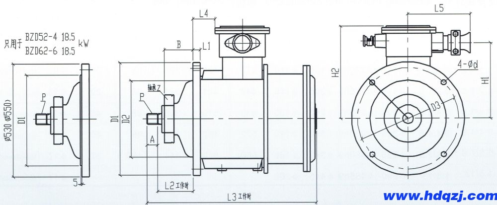 BZD系列防爆電動葫蘆主起升一機(jī)雙速電動機(jī)圖片與外形尺寸圖